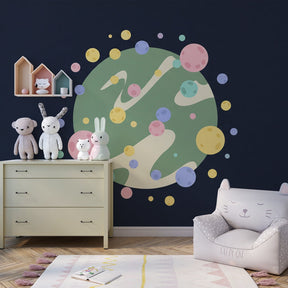 Galaxy universe mural wallpaper with pastel planets inspiring imagination in children's playroom