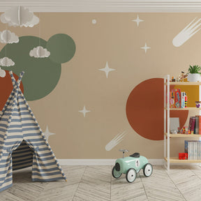 Galaxy-themed mural wallpaper creating space exploration atmosphere in kids playroom