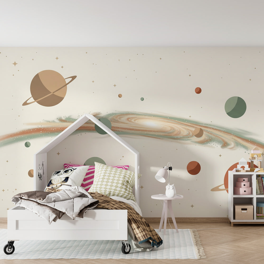 Planets and galaxies mural wallpaper for kids playroom with dreamy cosmic atmosphere by Kids-Mundo
