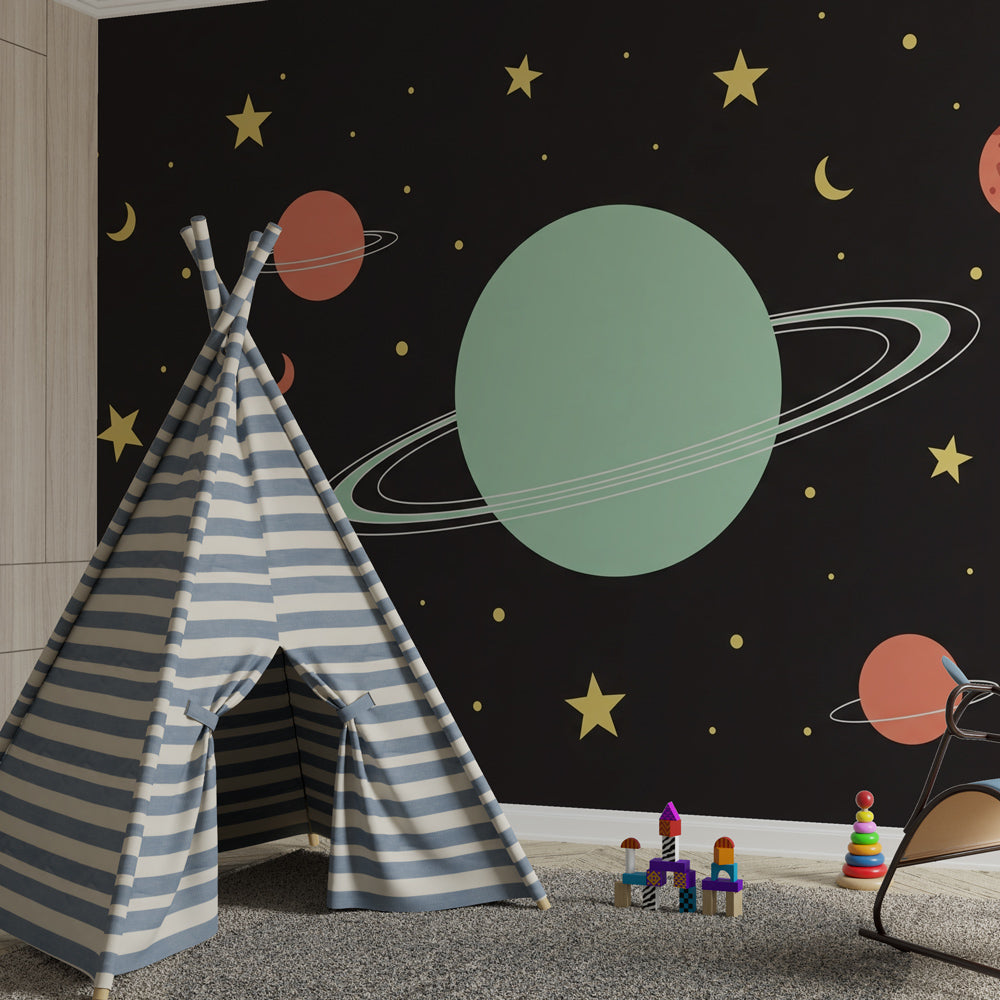 Children's space wallpaper featuring planets and stars in bright playroom setting