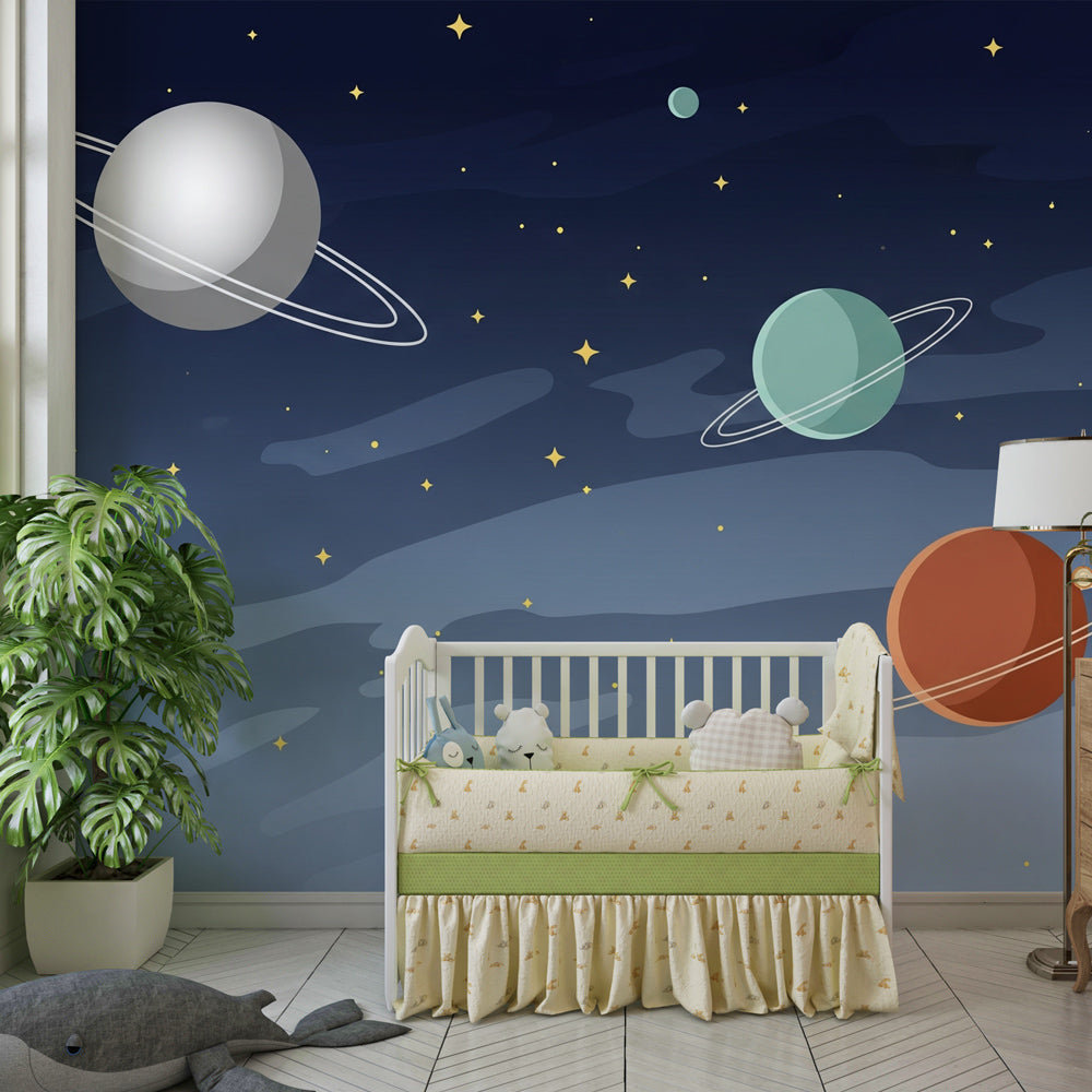 Space-themed mural wallpaper with floating planets in children's playroom decor