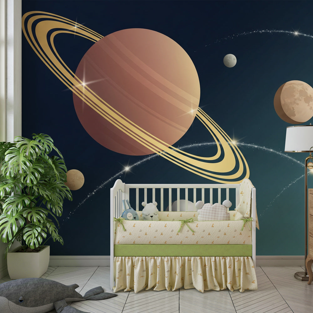Blue space universe mural wallpaper transforming children's playroom into galaxy adventure