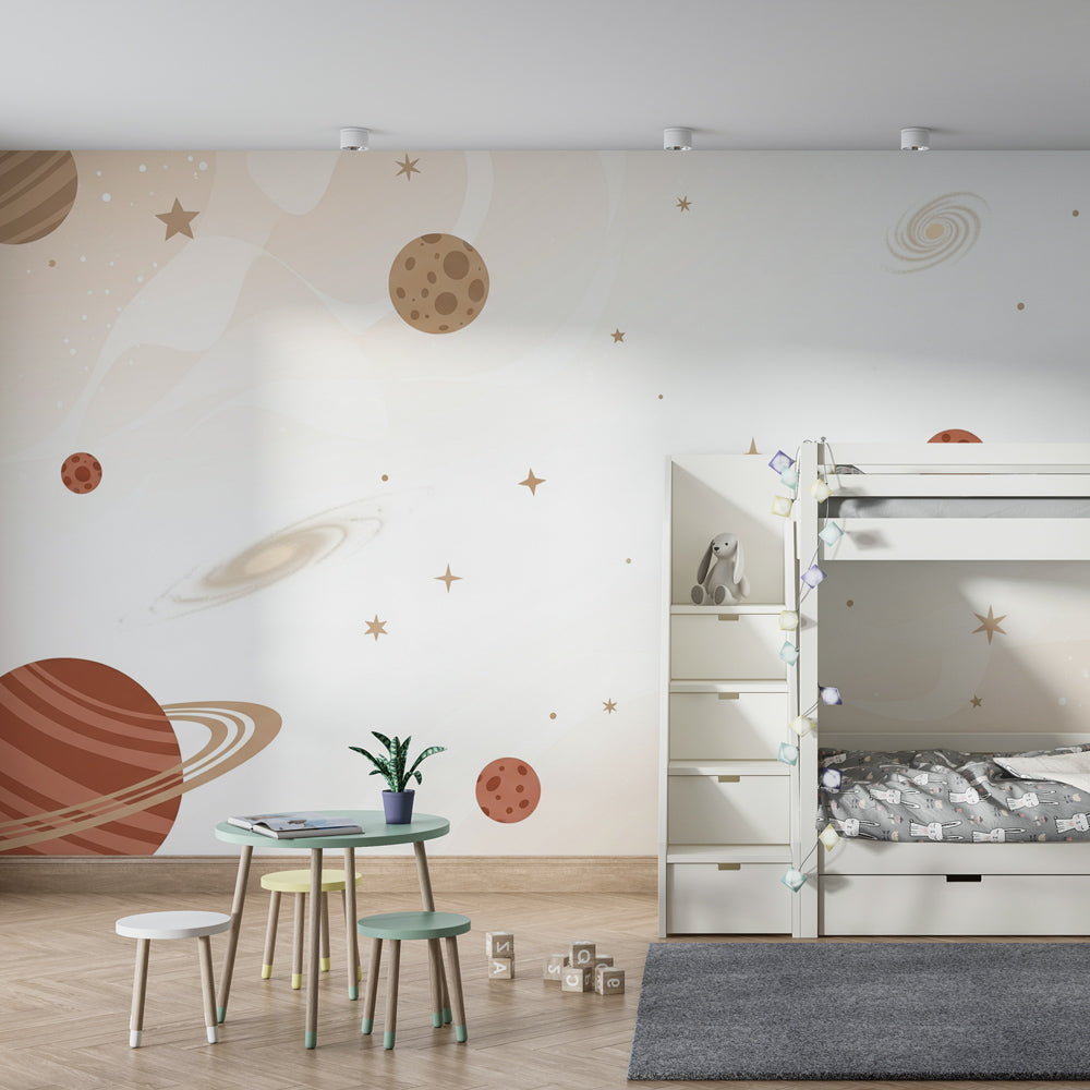 Space planets wallpaper transforming children's playroom into cosmic adventure zone