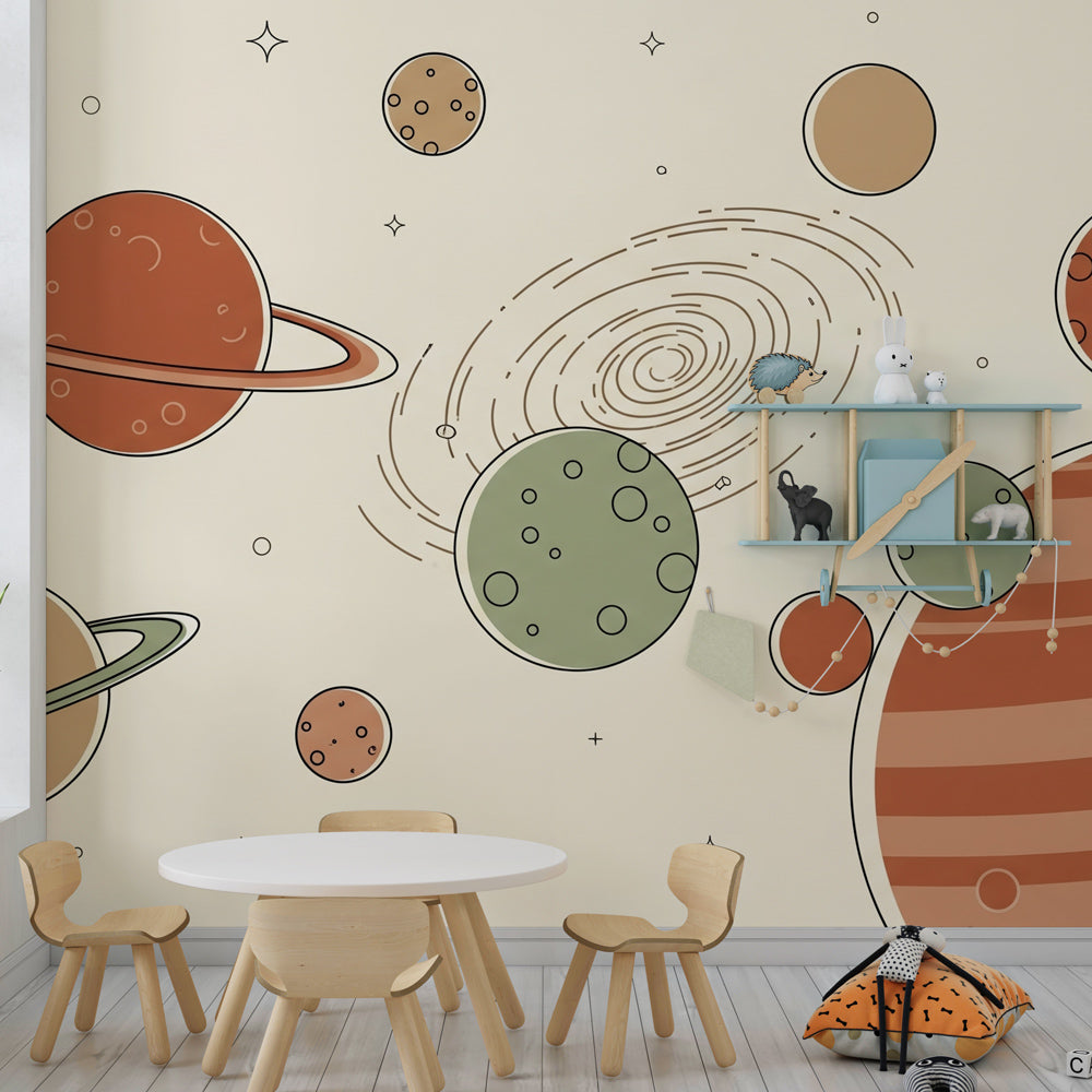 Cosmic planets wallpaper in children's playroom inspiring space exploration and learning