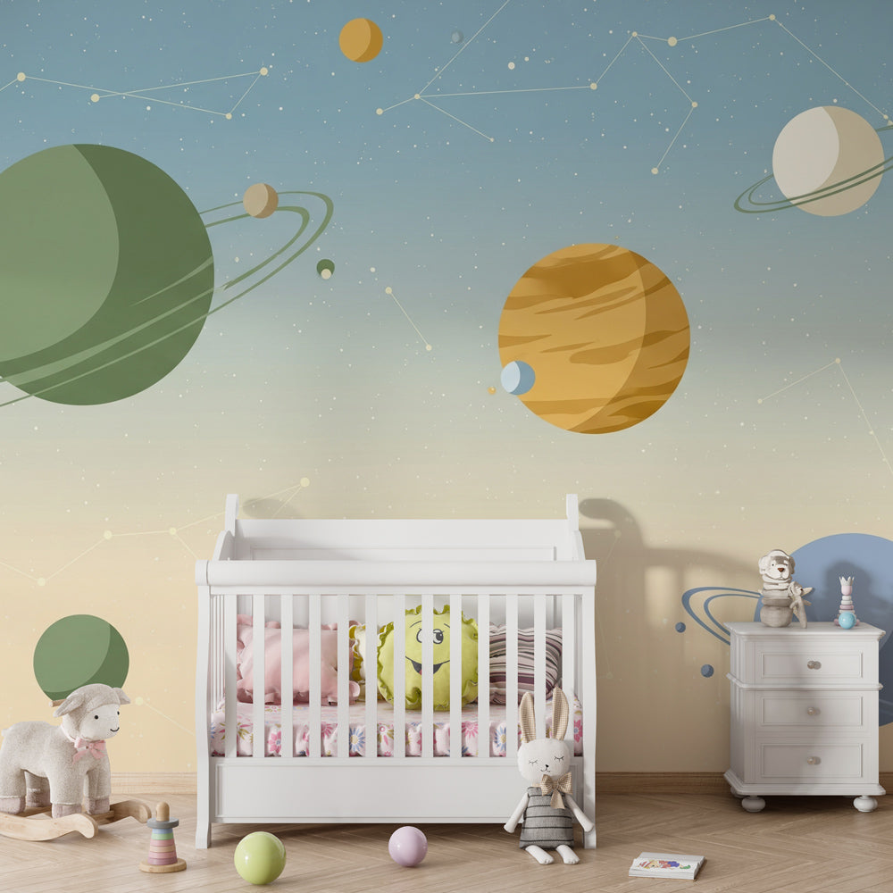 Educational space wallpaper featuring planets and stars for inspiring children's playroom decor