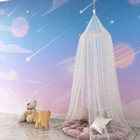 Cosmic themed mural wallpaper transforming kids playroom with celestial motifs