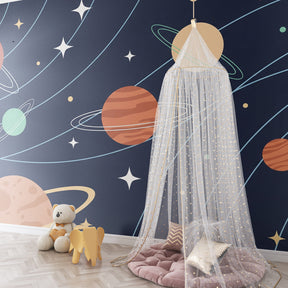 Space themed mural wallpaper with planets and stars for educational kids playroom by Kids-Mundo