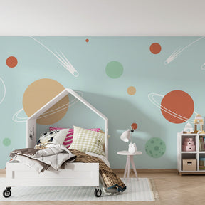 Space-themed mural wallpaper transforming playroom into cosmic adventure by Kids-Mundo