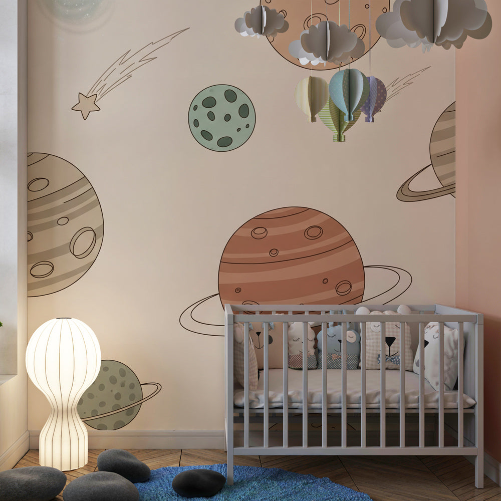 Colorful space planets mural wallpaper inspiring cosmic play in kids playroom setting