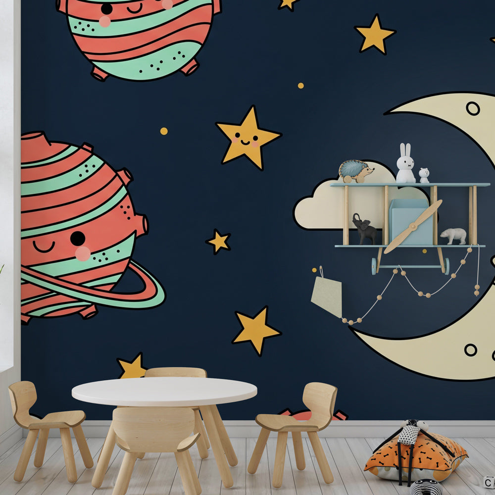 Happy planets and starry sky mural wallpaper creating dreamy kids room atmosphere