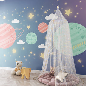 Intergalactic planets mural wallpaper for toddler room with starry sky theme by Kids-Mundo