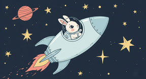 Detailed space rabbit astronaut mural wallpaper design pattern with rocket and stars by Kids-Mundo