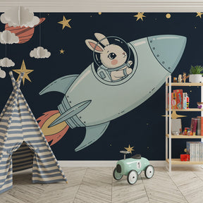 Galaxy themed children's bedroom featuring rabbit astronaut wallpaper with silver rocket and stars
