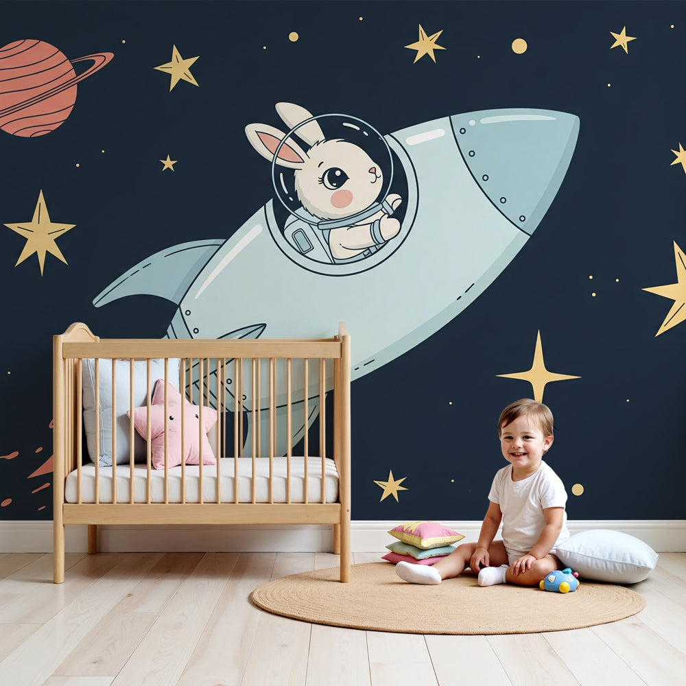 Space rabbit astronaut mural wallpaper decorating modern nursery with cosmic theme by Kids-Mundo