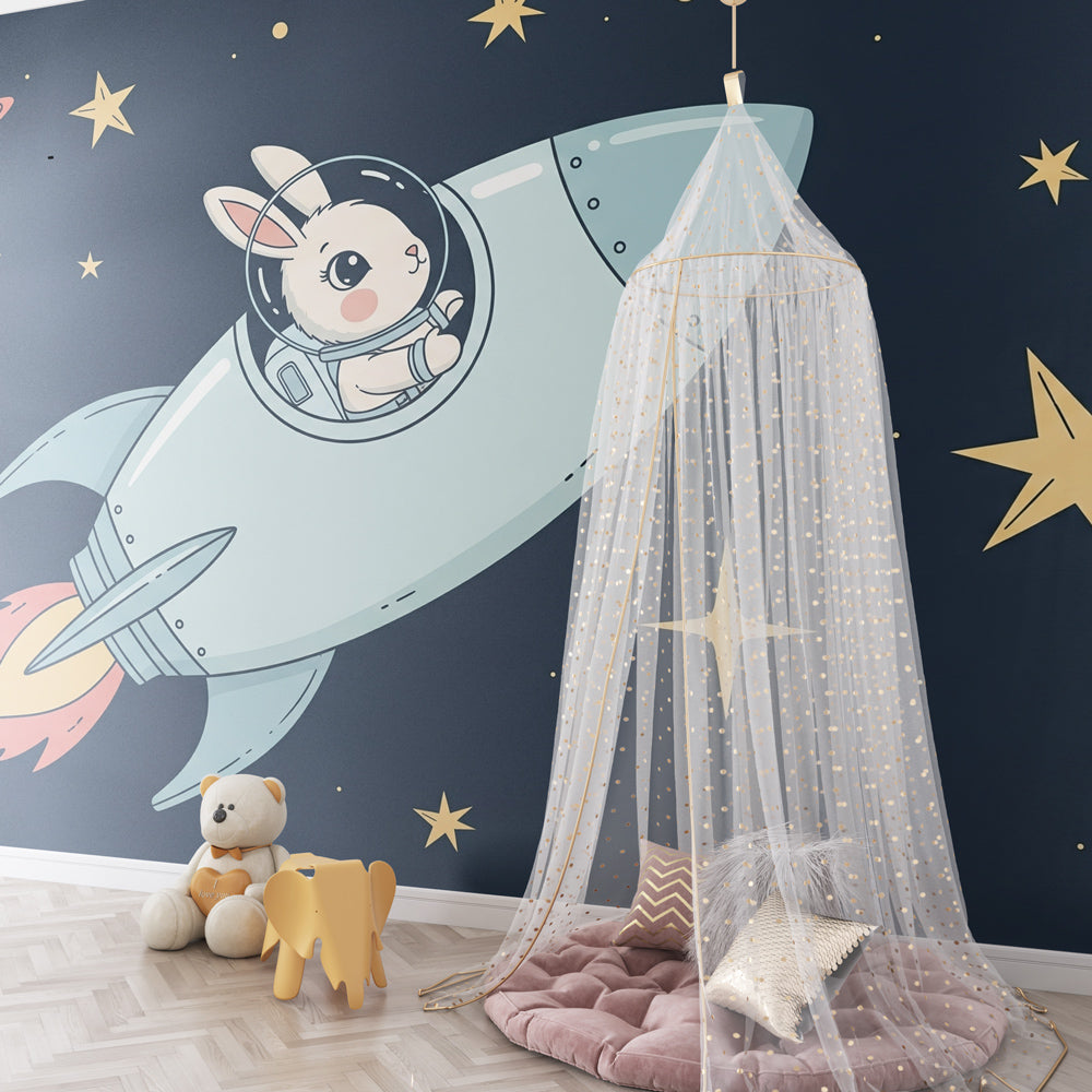 Cosmic adventure mural wallpaper creating magical space atmosphere in toddler's room decor