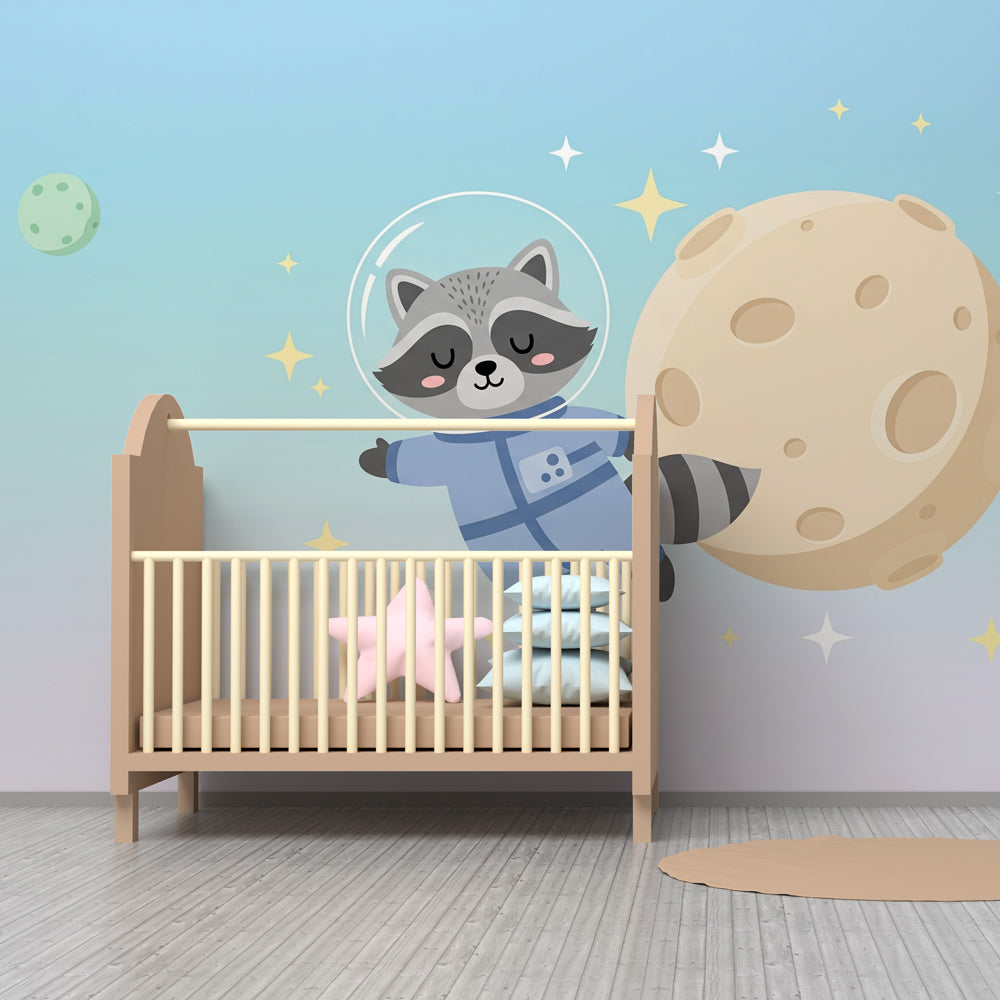Astronaut raccoon wallpaper creating magical space theme in children's bedroom decor