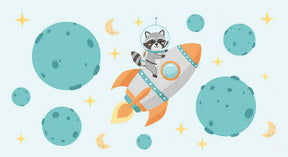 Detailed space raccoon astronaut mural wallpaper design pattern with planets and rocket by Kids-Mundo