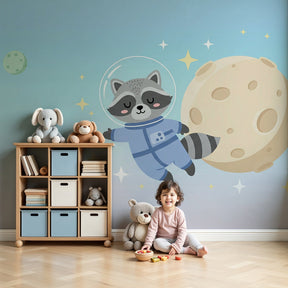 Space raccoon astronaut mural wallpaper in modern nursery with soft gradient colors by Kids-Mundo