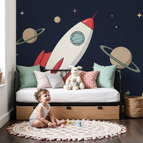 Space rocket mural wallpaper creating cosmic adventure theme in modern kids bedroom by Kids-Mundo