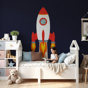 Space rocket mural wallpaper in modern children's bedroom with launch adventure theme by Kids-Mundo