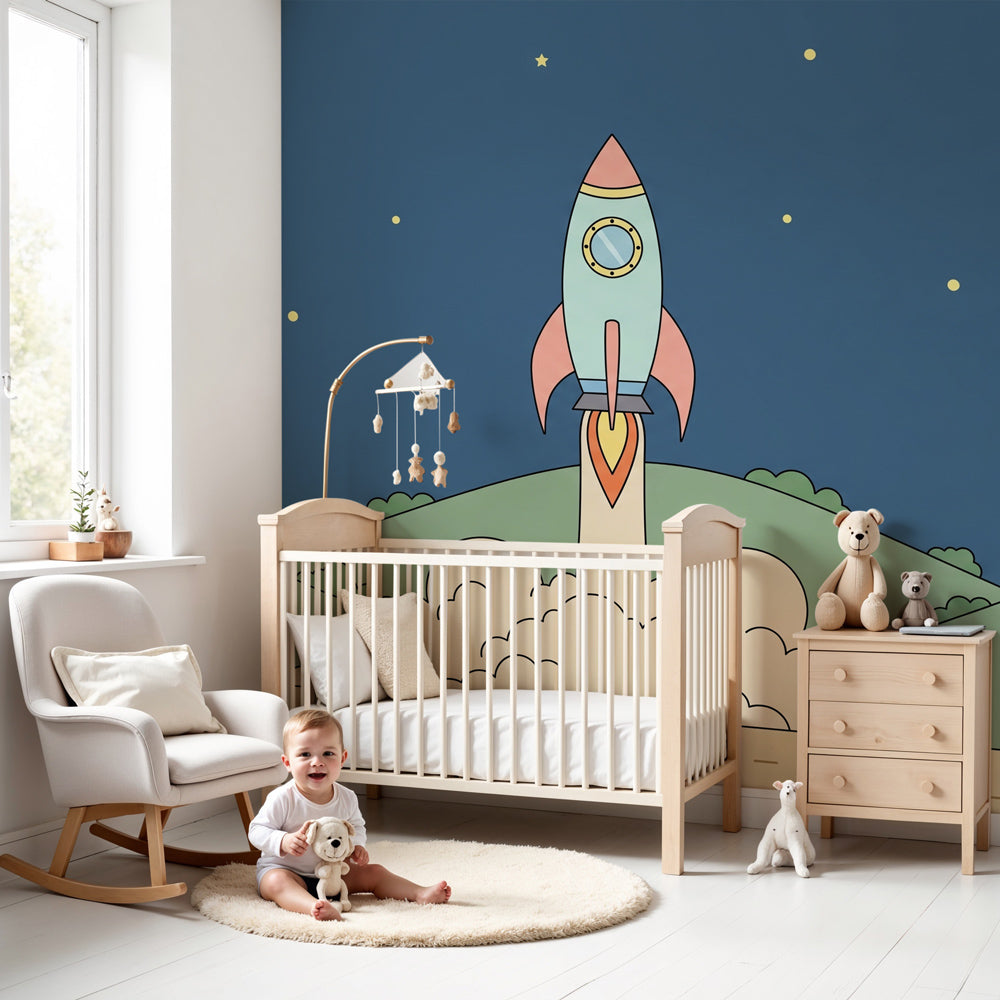 Space rocket mural wallpaper creating cosmic adventure atmosphere in modern kids bedroom by Kids-Mundo