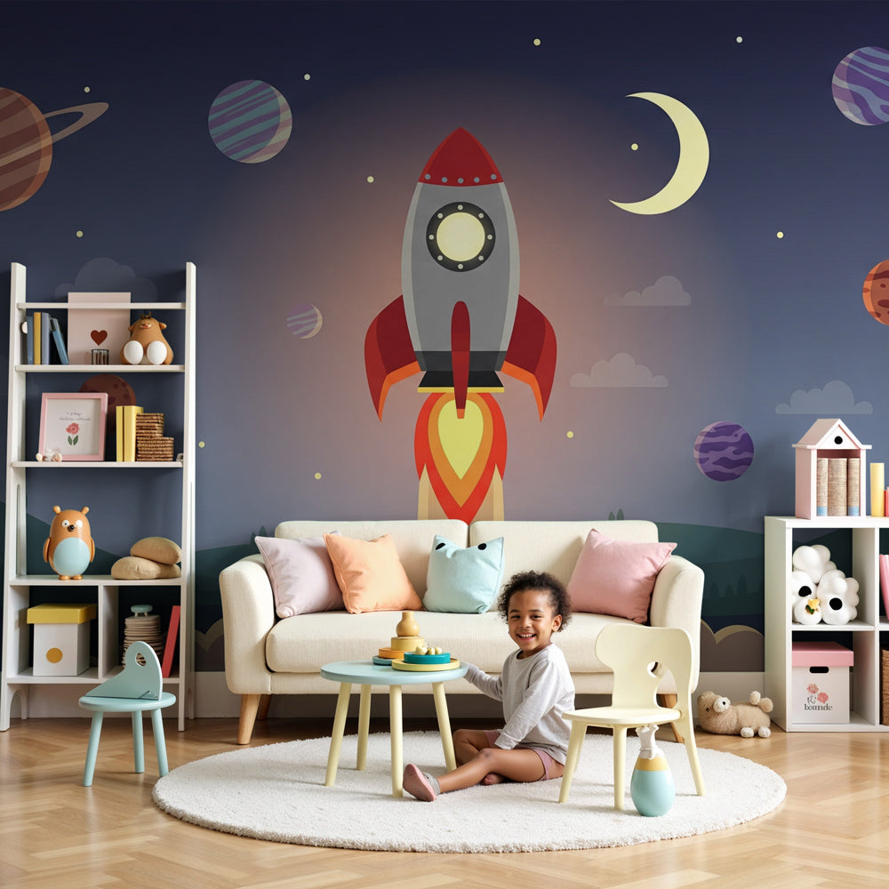 Space rocket mural wallpaper in modern kids bedroom with cosmic adventure theme by Kids-Mundo