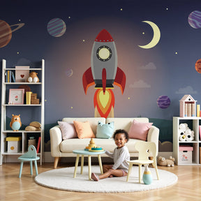 Space rocket mural wallpaper in modern kids bedroom with cosmic adventure theme by Kids-Mundo