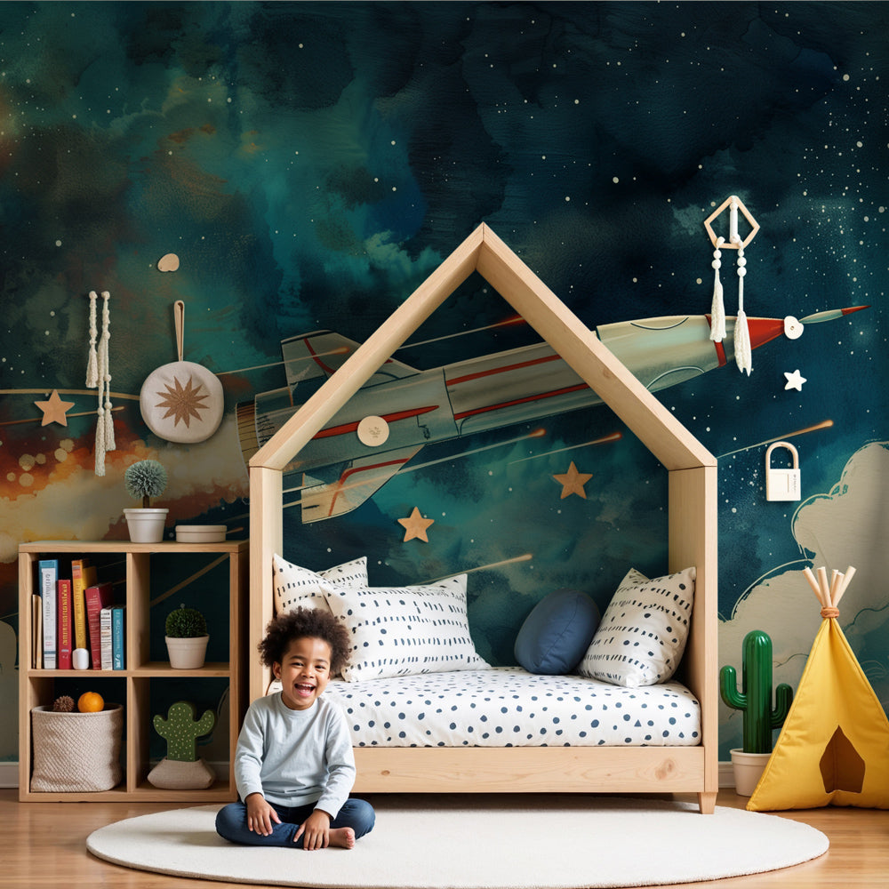 Space rocket mural wallpaper with watercolor cosmos design in modern kids bedroom by Kids-Mundo