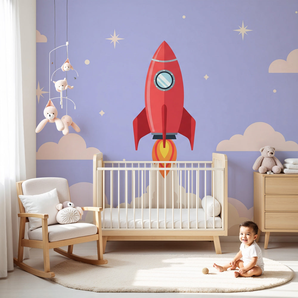 Space rocket mural wallpaper with purple clouds in modern kids bedroom by Kids-Mundo