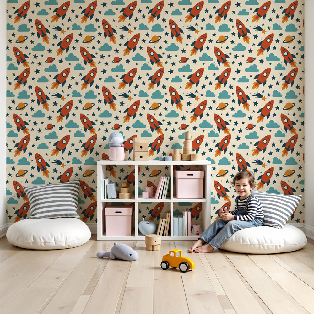 Space rocket mural wallpaper in modern children's bedroom with colorful rockets and clouds by Kids-Mundo