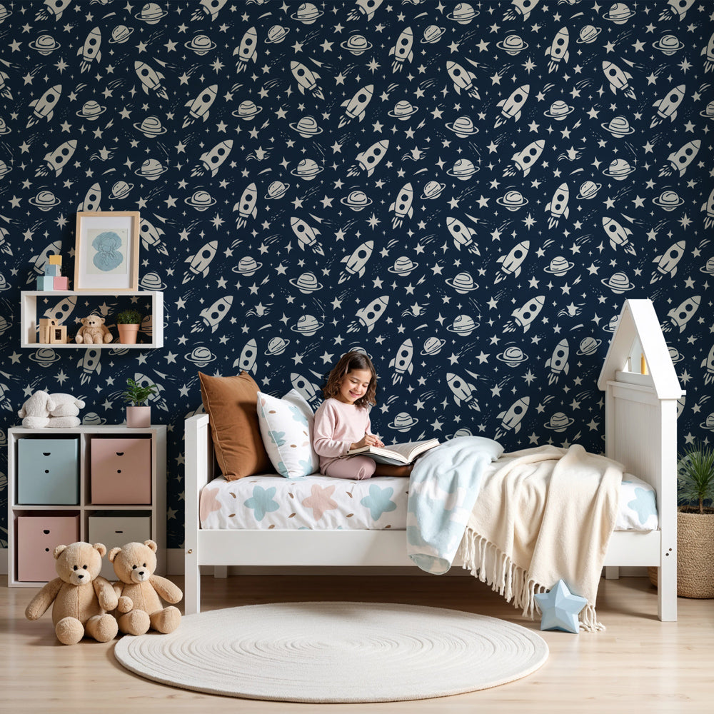 Space rocket mural wallpaper with planets in modern kids bedroom by Kids-Mundo