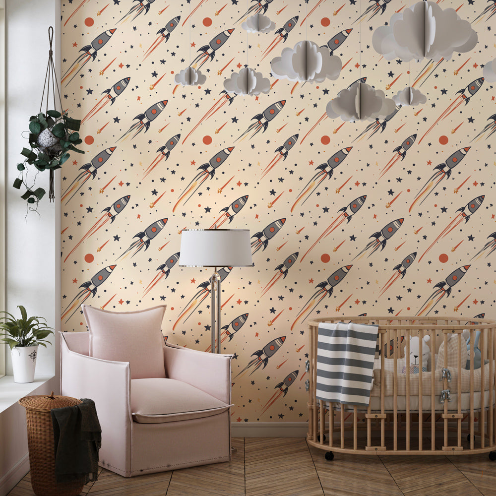 Colorful rocket and star wallpaper creating cosmic adventure theme in kids bedroom