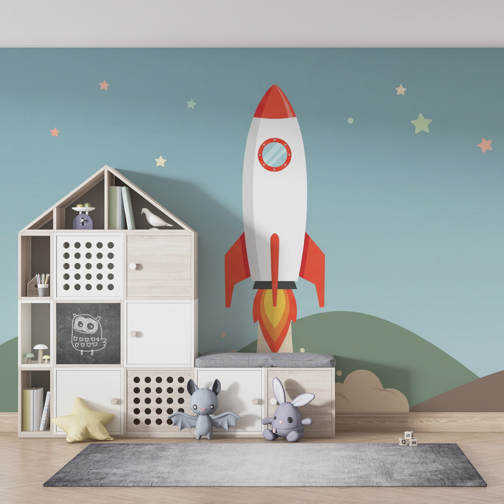 Rocket themed wallpaper creating adventurous kids bedroom decor with blue starry background
