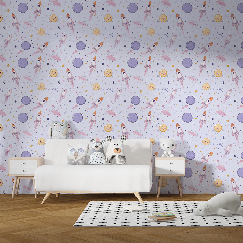 Galaxy adventure wallpaper creating cosmic kids bedroom with rockets and planets by Kids-Mundo