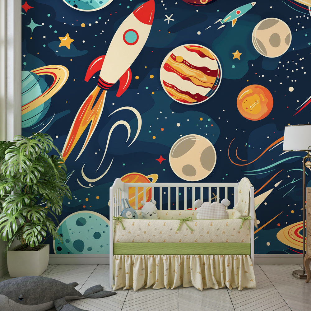 Intergalactic adventure wallpaper creating cosmic atmosphere in children's bedroom