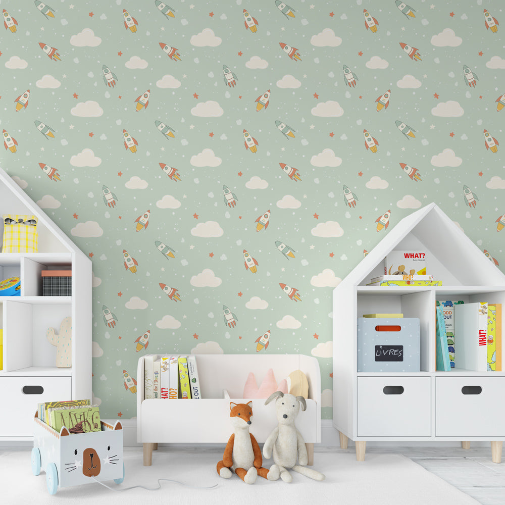 Colorful rocket wallpaper creating cosmic adventure theme in children's bedroom decor