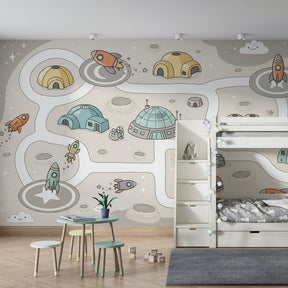 Colorful space adventure wallpaper creating imaginative kids bedroom decor with rockets and stars