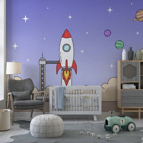 Colorful space rocket wallpaper transforming kids bedroom into intergalactic adventure zone