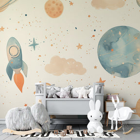 Pastel astronaut and rocket wallpaper creating dreamy cosmic atmosphere in kids bedroom