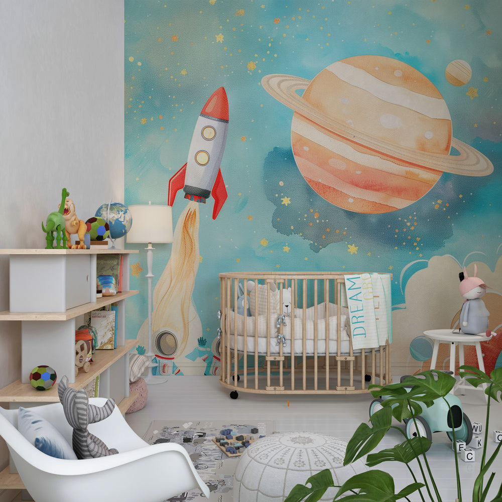 Space themed kids bedroom featuring rocket and planet mural wallpaper in watercolor style