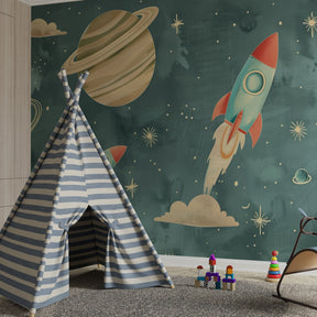 Colorful space-themed mural wallpaper creating cosmic adventure in kids bedroom