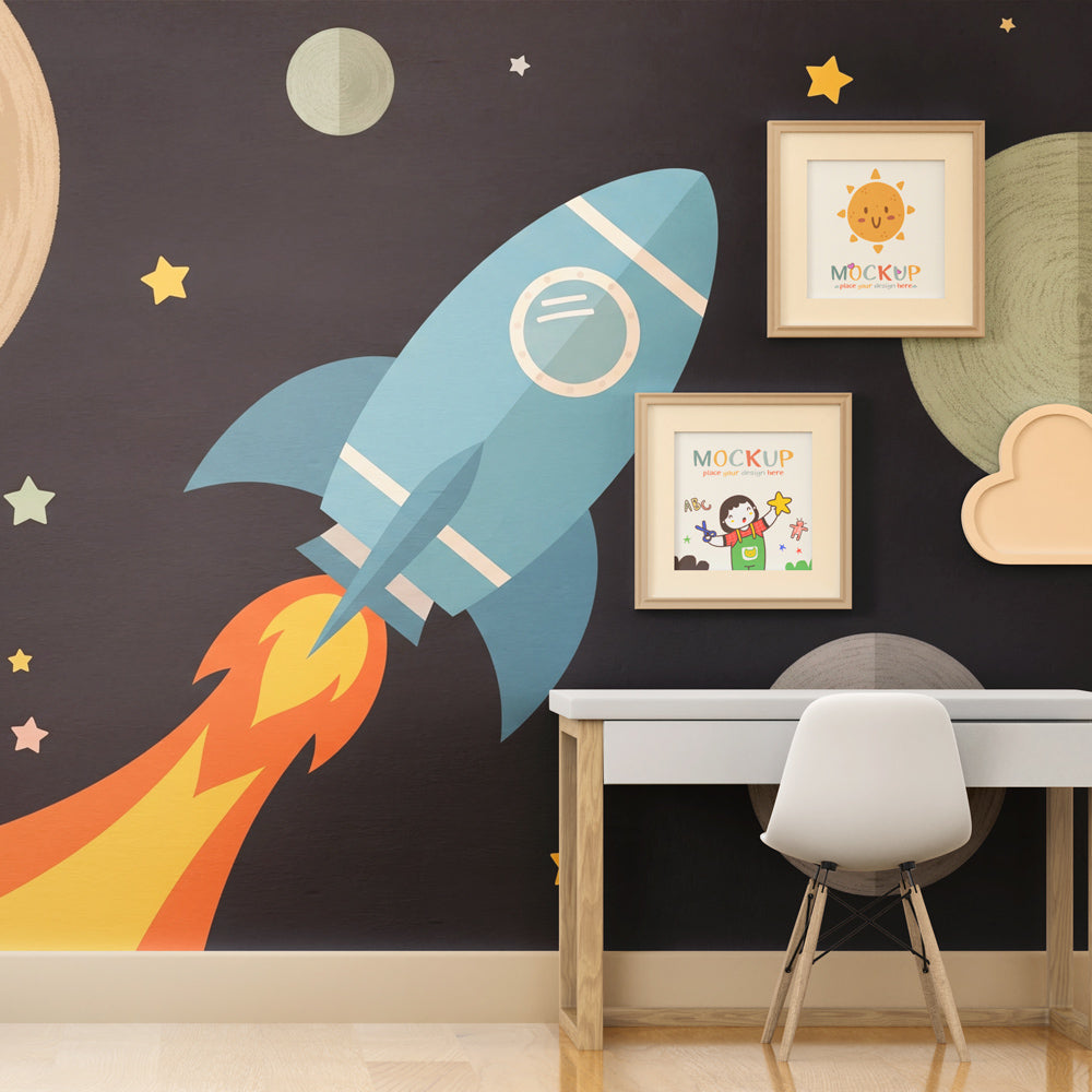 Astronaut themed mural wallpaper transforming modern kids bedroom into space adventure by Kids-Mundo