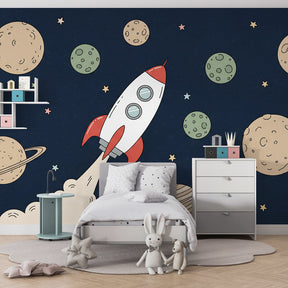 Galaxy adventure wallpaper creating cosmic atmosphere in children's bedroom with space theme