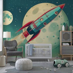 Retro rocket wallpaper transforming kids bedroom into cosmic adventure space by Kids-Mundo