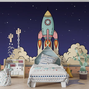 Colorful space rocket wallpaper with starry sky design transforming children's bedroom decor