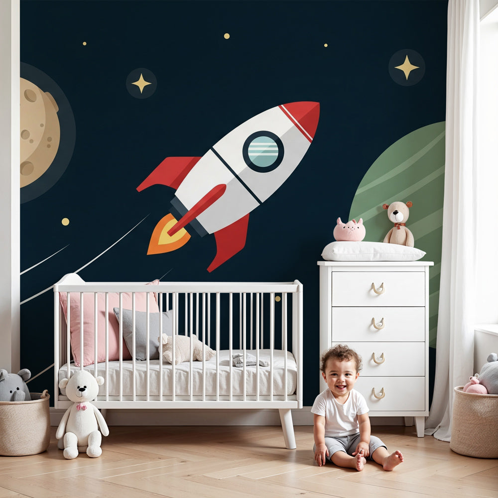Space rocket mural wallpaper creating cosmic adventure theme in modern boys bedroom by Kids-Mundo