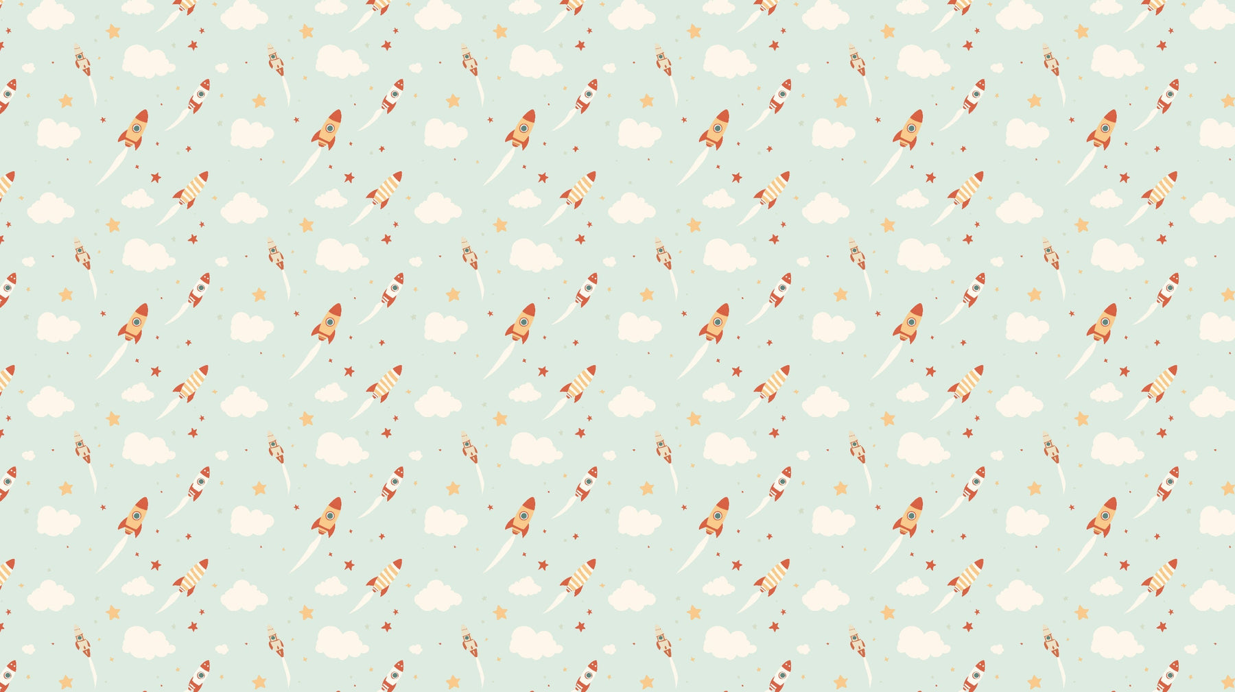 Detailed space rocket mural wallpaper design pattern with colorful rockets, clouds and stars by Kids-Mundo