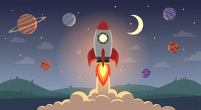 Detailed space rocket mural wallpaper design pattern with planets and stars by Kids-Mundo