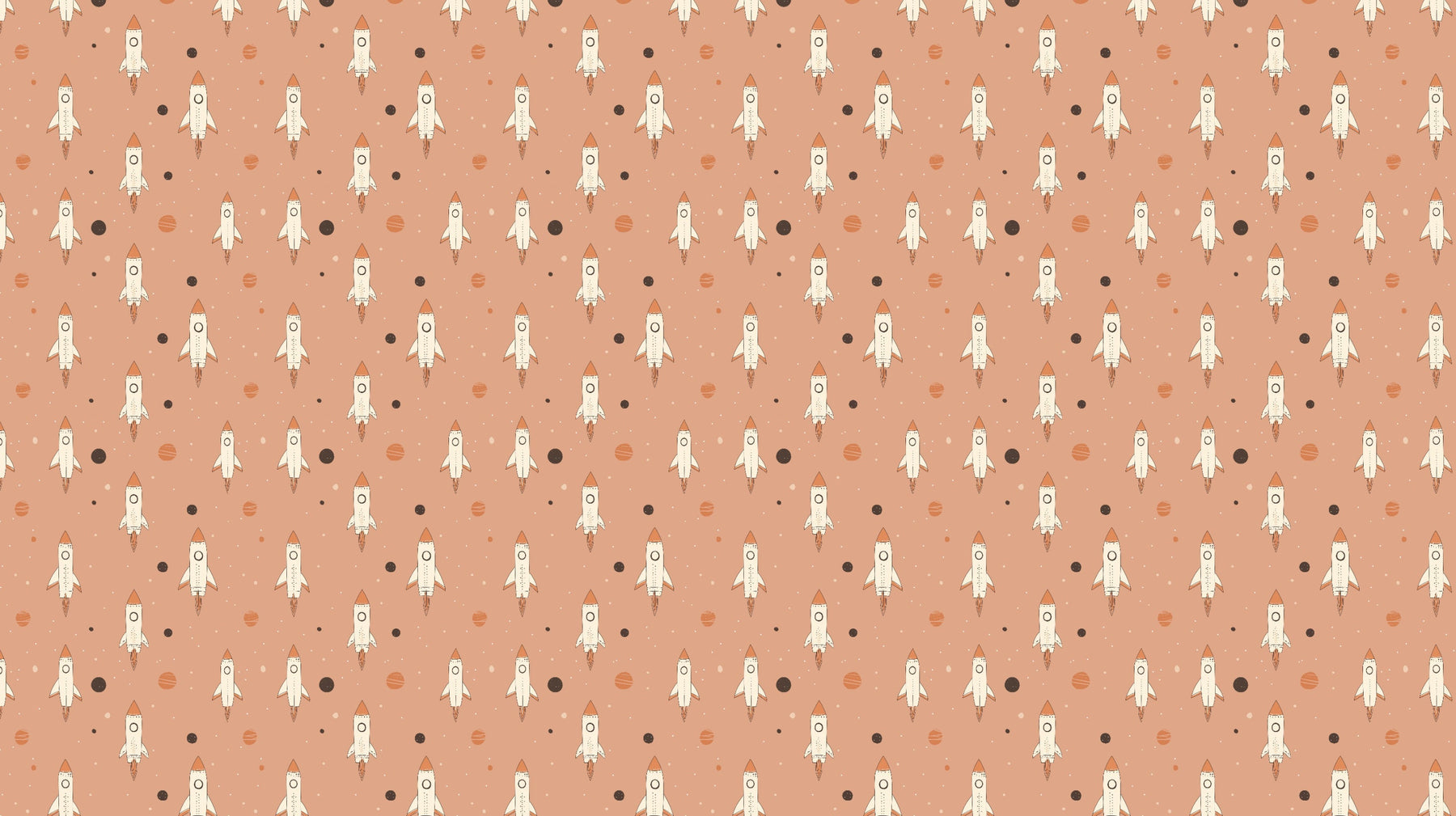 Detailed pink space rocket mural wallpaper design pattern with planets and stars by Kids-Mundo
