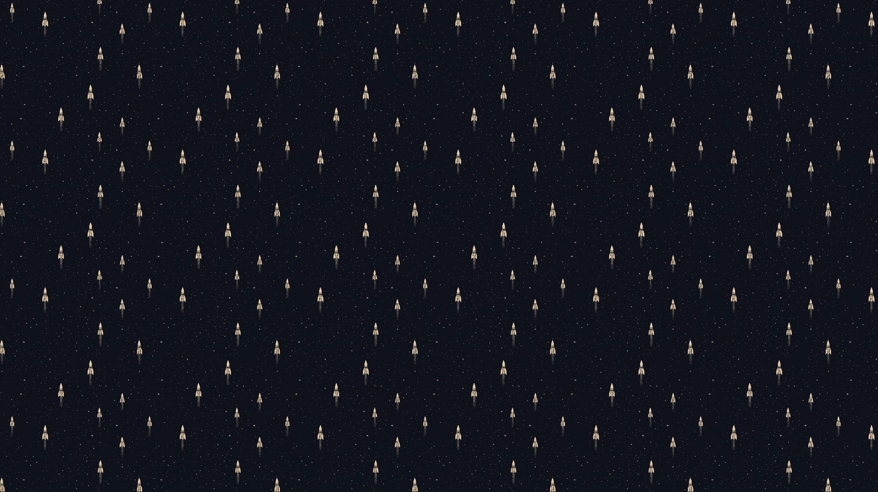 Detailed space rocket mural wallpaper design pattern with golden rockets on black starry background by Kids-Mundo